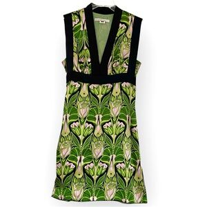 Single Dress Green Pink Art Nouveau Silk Dress Sleeveless V-Neck Size S